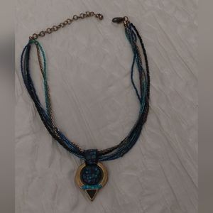 Chico’s Boho Hippie Pendant Necklace, Brass Glass Multi Strand Choker, Enameled